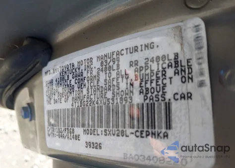 1999 Toyota Camry Le из США, поврежденный, VIN 4T1BG22K4XU531893